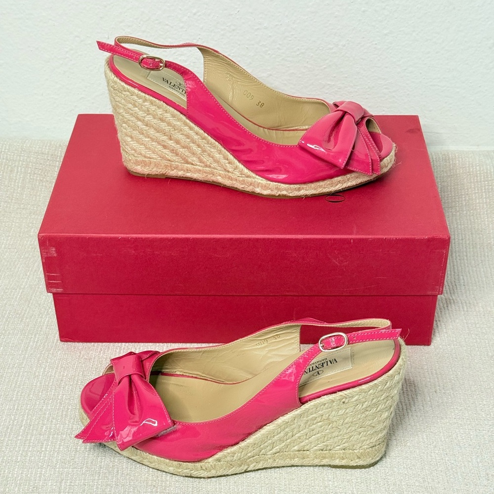 Valentino Garavani Fuchsia Patent Bow Wedge Sandals EU 38 US 8 Box